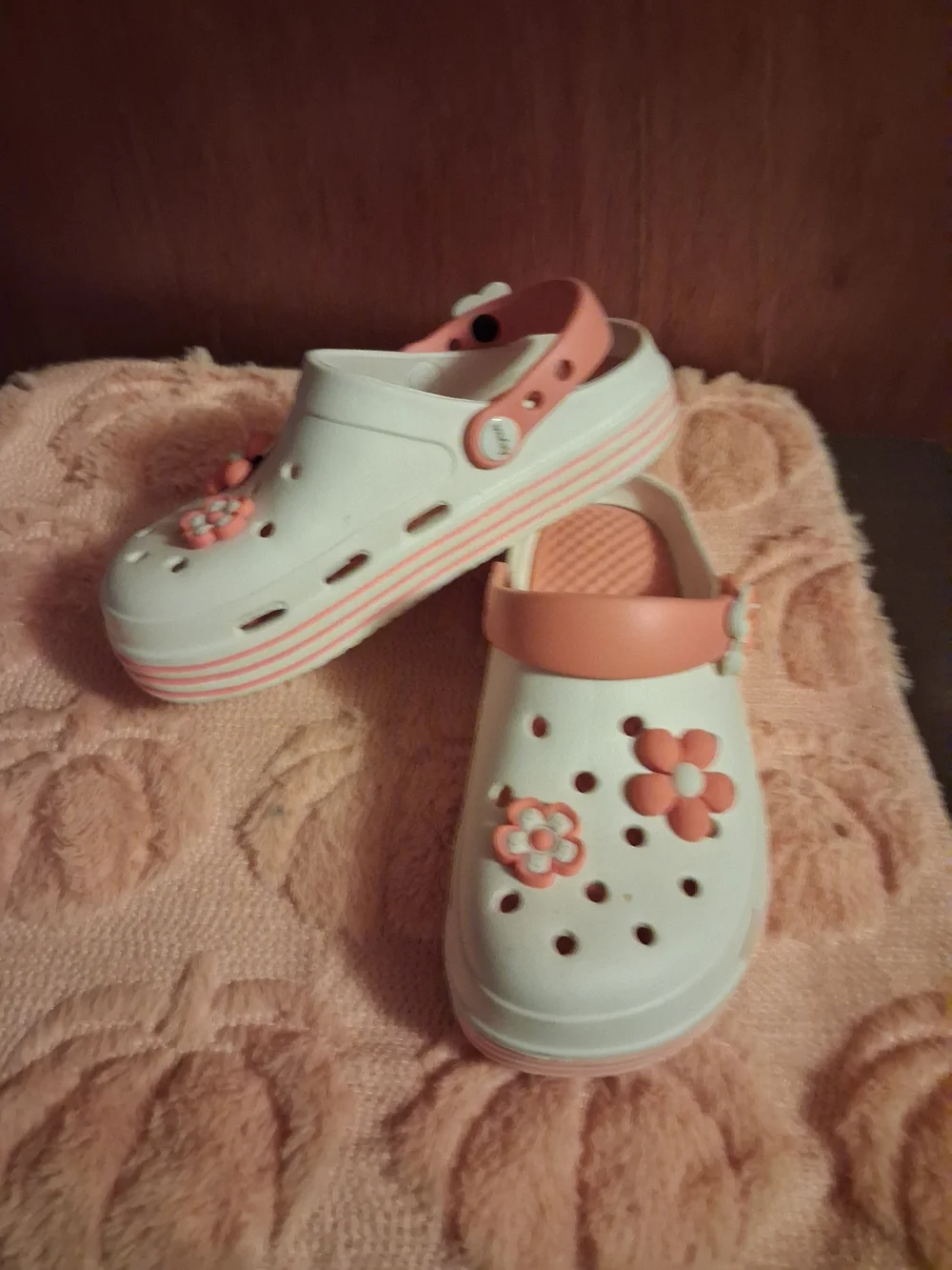 Kids White and Orange Clog Sandals with Flower Charms. Adult Size 6